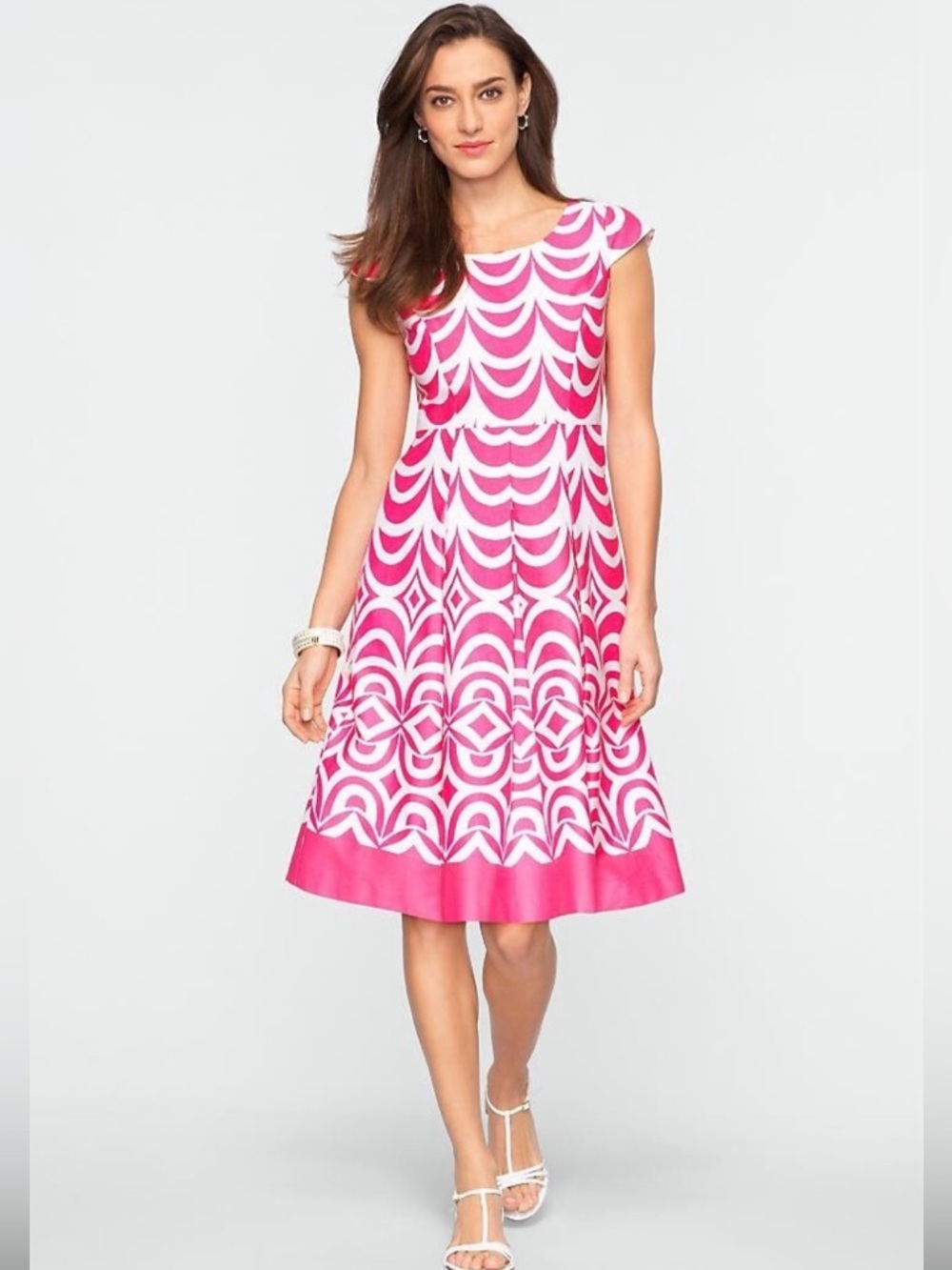 Talbots Cotton Pink & White Geo Print Women’s Fit-and-Flare Dress, 12